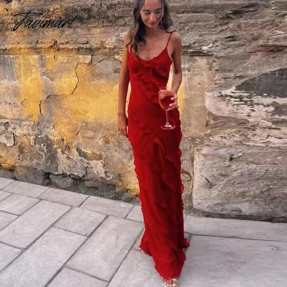 Casual Women Sleeveless Beach Boho Long Dress Fashion Sexy Backless Ruffle Chiffon Evening Dress Elegant Sling Maxi Party Dress