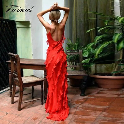 Casual Women Sleeveless Beach Boho Long Dress Fashion Sexy Backless Ruffle Chiffon Evening Dress Elegant Sling Maxi Party Dress