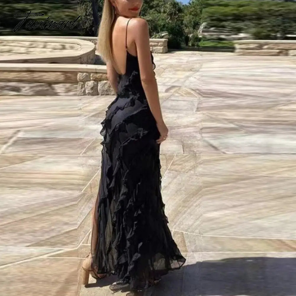 Casual Women Sleeveless Beach Boho Long Dress Fashion Sexy Backless Ruffle Chiffon Evening Dress Elegant Sling Maxi Party Dress