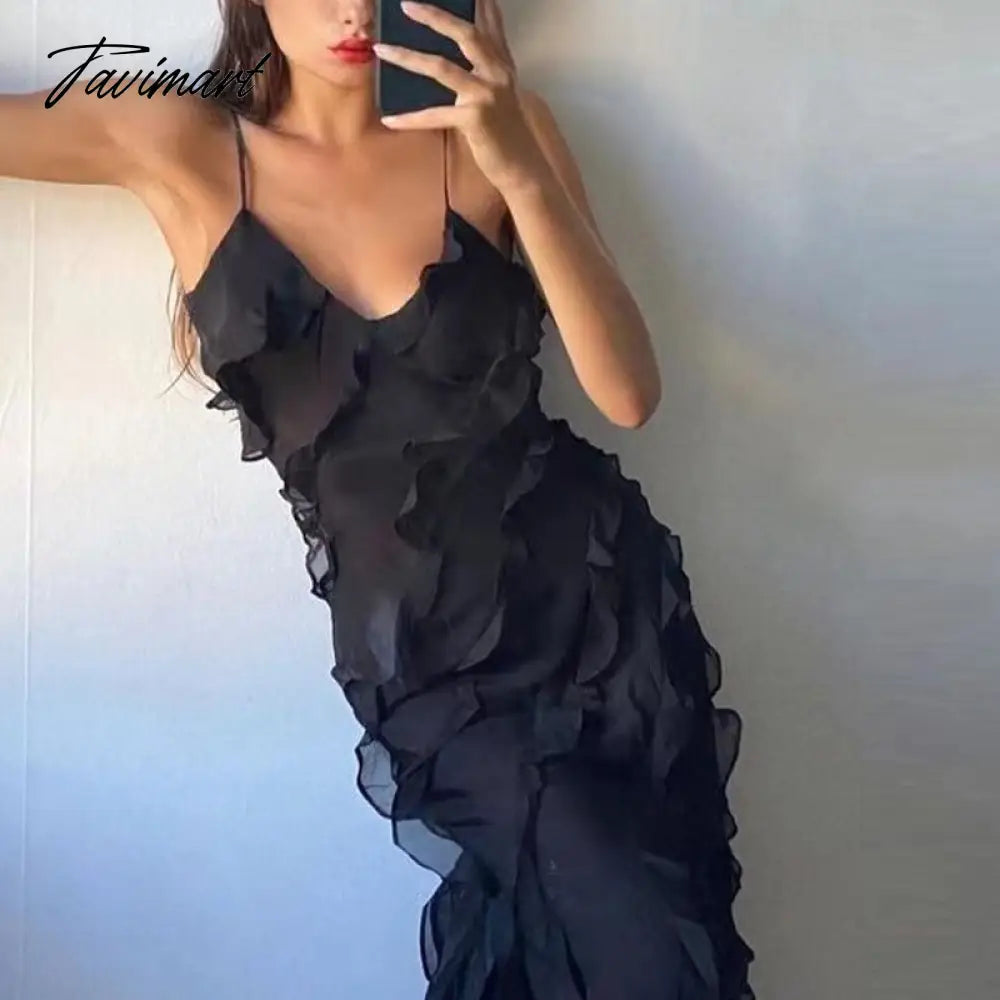 Casual Women Sleeveless Beach Boho Long Dress Fashion Sexy Backless Ruffle Chiffon Evening Dress Elegant Sling Maxi Party Dress