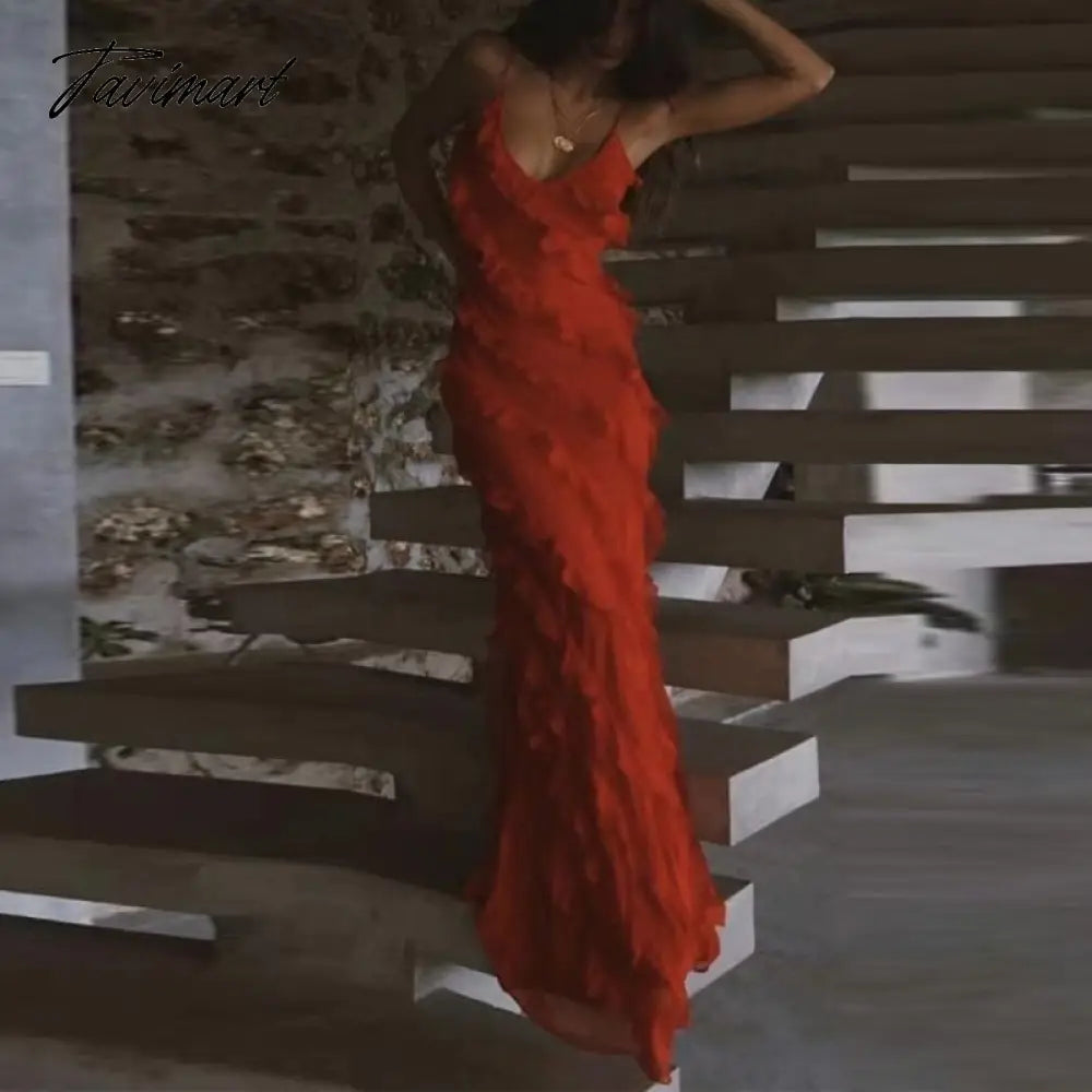 Casual Women Sleeveless Beach Boho Long Dress Fashion Sexy Backless Ruffle Chiffon Evening Dress Elegant Sling Maxi Party Dress