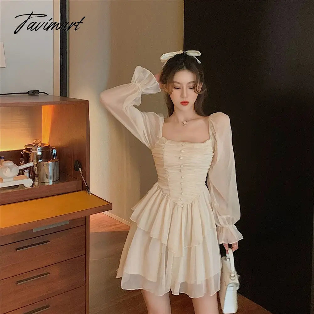 Casual Women Square Collar Front Ruched Chiffon Dress Female Mini Ruffles Retro Dress y2k long sleeve dress vestidos