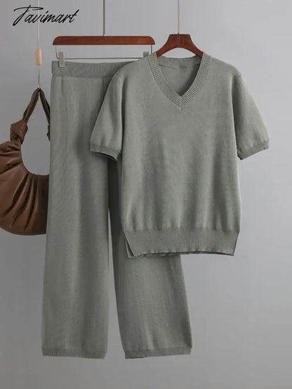 Chic Elegant New In Matching Sets Set Woman 2 Pieces Knit Short Sleeve Tracksuit Knitted Casual Woman Clothes Outfits