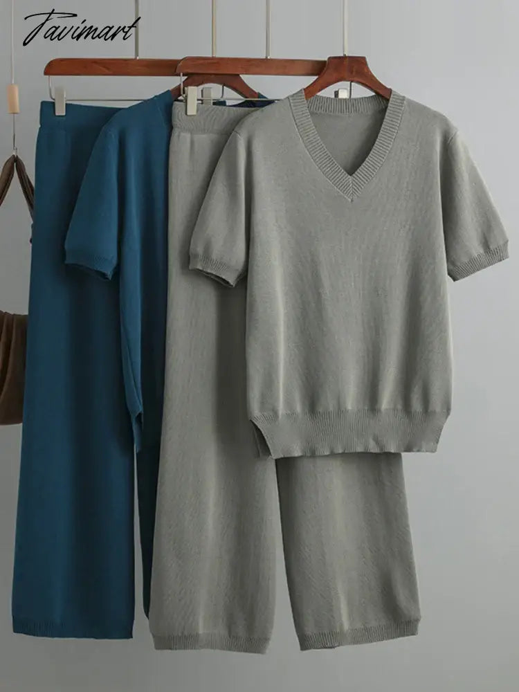 Chic Elegant New In Matching Sets Set Woman 2 Pieces Knit Short Sleeve Tracksuit Knitted Casual Woman Clothes Outfits