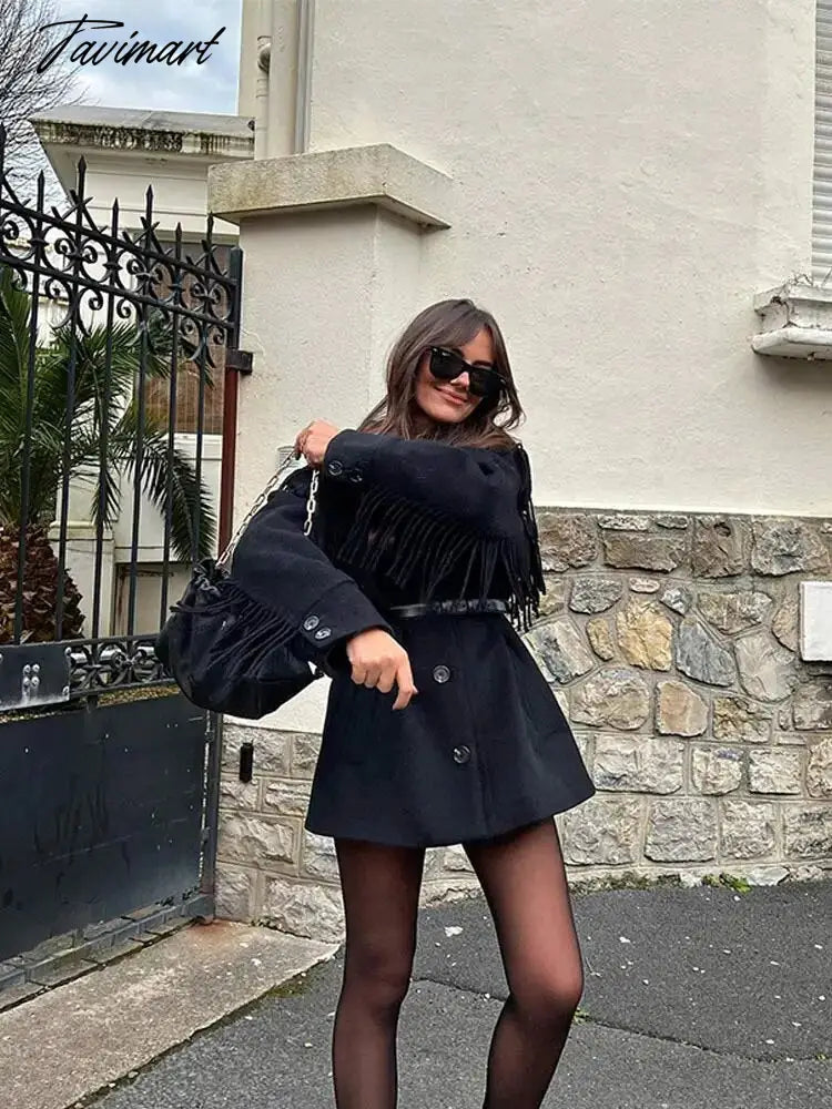 Chic Elegant Women's Tassel Woolen Coat Fashion Long Sleeve Single Breasted Thicken Waist Jacket Autumn Lady Warm Overcoat