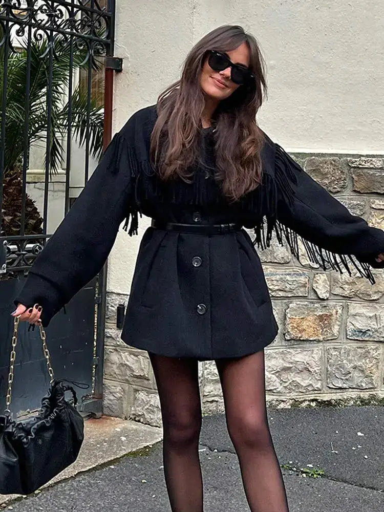 Chic Elegant Women's Tassel Woolen Coat Fashion Long Sleeve Single Breasted Thicken Waist Jacket Autumn Lady Warm Overcoat
