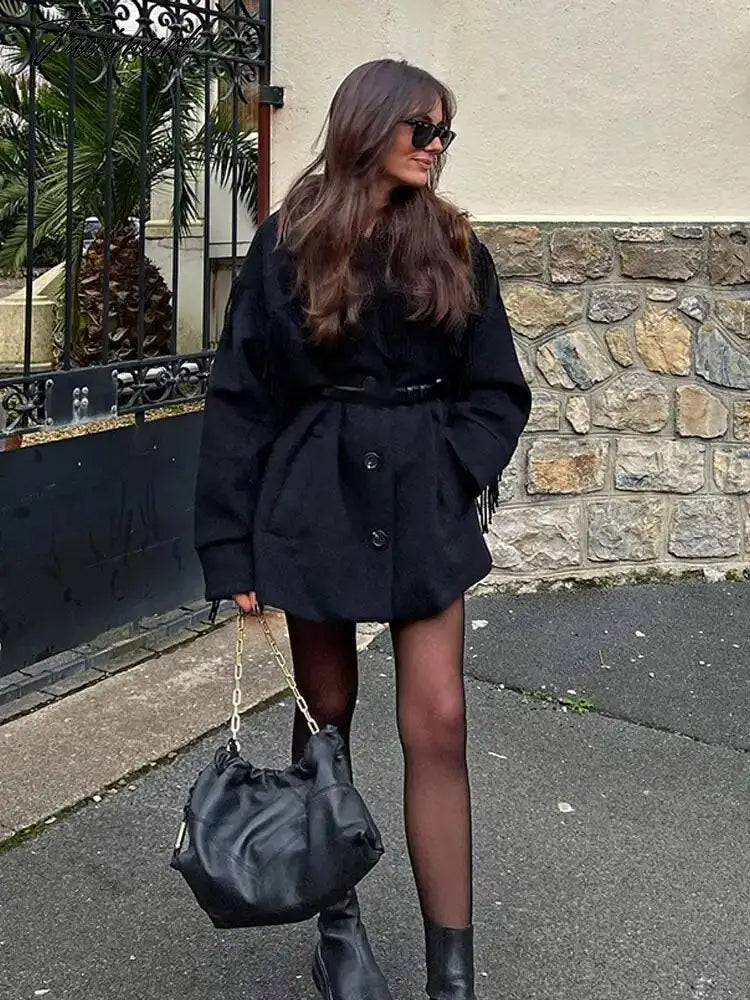 Chic Elegant Women's Tassel Woolen Coat Fashion Long Sleeve Single Breasted Thicken Waist Jacket Autumn Lady Warm Overcoat