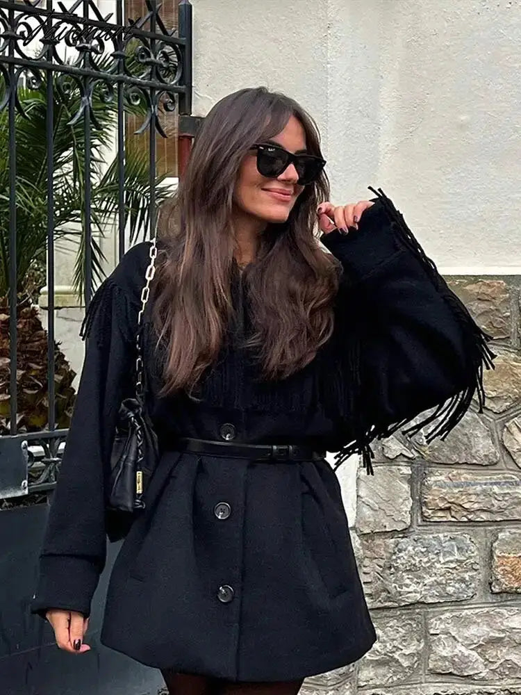 Chic Elegant Women's Tassel Woolen Coat Fashion Long Sleeve Single Breasted Thicken Waist Jacket Autumn Lady Warm Overcoat