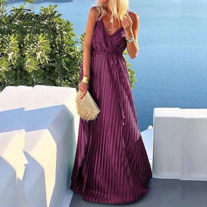 Chic Waist A-line Dresses Elegant Women Loose Sleeveless Summer Dress Lady Fashion Solid V-neck Big Hem Party Long Dress