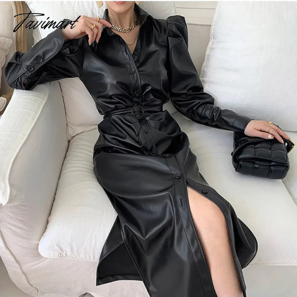 Chic Women Casual Lapel PU Leather Single Breasted Black Midi Dress Belted OL Korean Puff Full Sleeve Female Vestido DS84