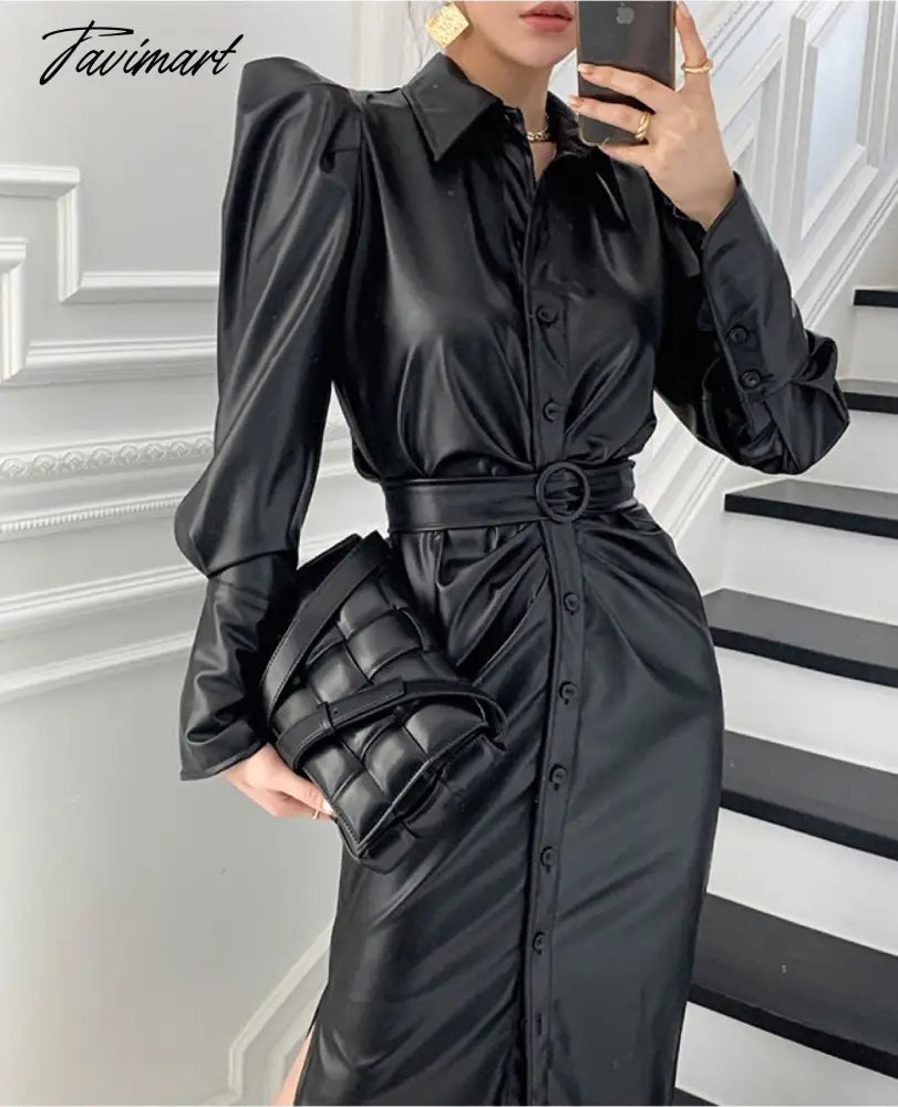 Chic Women Casual Lapel PU Leather Single Breasted Black Midi Dress Belted OL Korean Puff Full Sleeve Female Vestido DS84