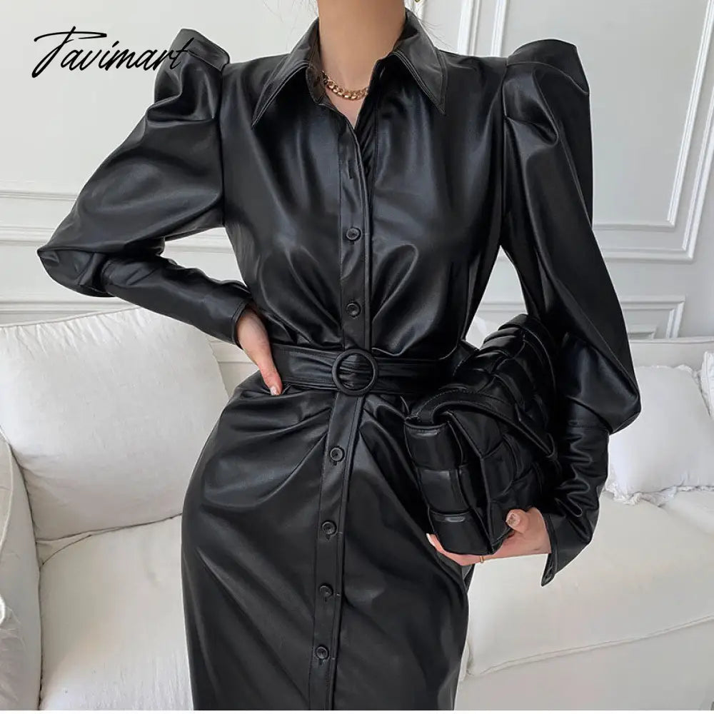 Chic Women Casual Lapel PU Leather Single Breasted Black Midi Dress Belted OL Korean Puff Full Sleeve Female Vestido DS84