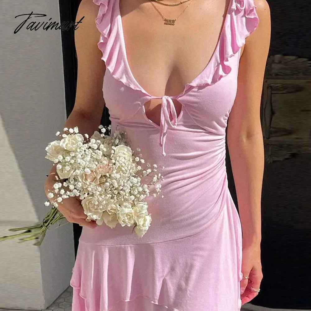 Chic Women Pink Mini Dress Front Tie Up Hollow Out Ruffles V Neck Sleeveless A-line Dress Y2K Fairycore Streetwear
