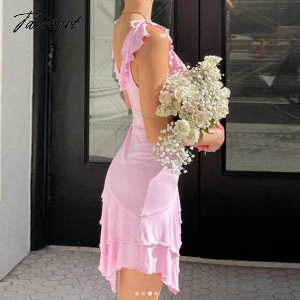 Chic Women Pink Mini Dress Front Tie Up Hollow Out Ruffles V Neck Sleeveless A-line Dress Y2K Fairycore Streetwear