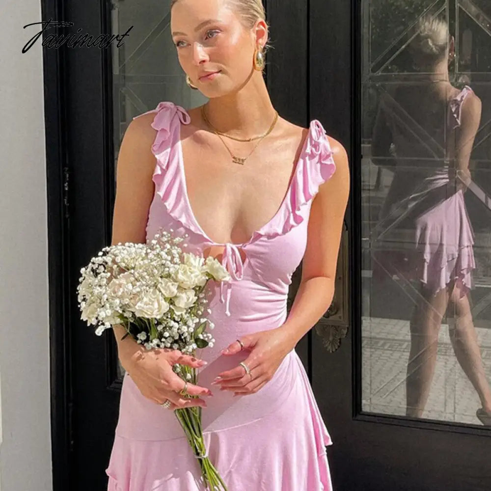 Chic Women Pink Mini Dress Front Tie Up Hollow Out Ruffles V Neck Sleeveless A-line Dress Y2K Fairycore Streetwear