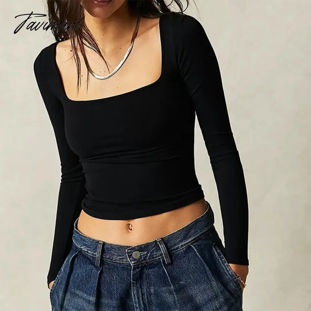 Chic Women T-shirt Spring Autumn Square Collar Long Sleeve Basic Tees Ladies Slim Fit Crop Tops Casual Streetwear