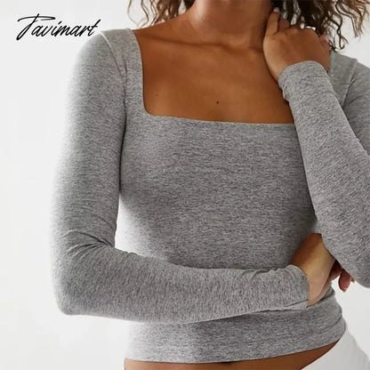 Chic Women T-shirt Spring Autumn Square Collar Long Sleeve Basic Tees Ladies Slim Fit Crop Tops Casual Streetwear