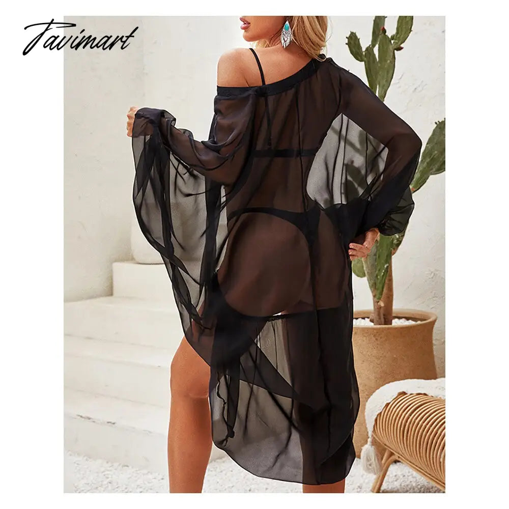 Chicme Eyelet Lace-up Sheer Mesh Dip Hem o-neck Long Sleeve sexy malibu strings long sleeve bathing and swimsuit coveru