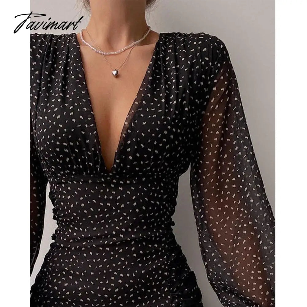 Chicme Fashion Women All Over Print Ruched Bodycon Dress Lantern Sleeve Ruffle Hem Dress Plunge V neck Long Sleeve Mini Dress