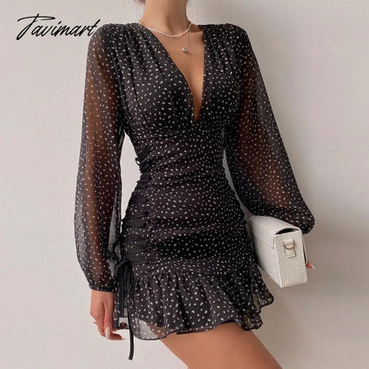 Chicme Fashion Women All Over Print Ruched Bodycon Dress Lantern Sleeve Ruffle Hem Dress Plunge V neck Long Sleeve Mini Dress