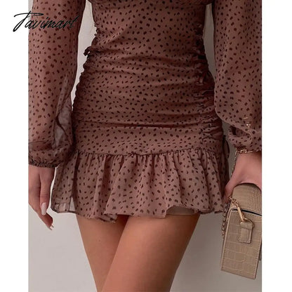 Chicme Fashion Women All Over Print Ruched Bodycon Dress Lantern Sleeve Ruffle Hem Dress Plunge V neck Long Sleeve Mini Dress