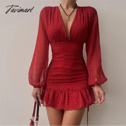 Chicme Fashion Women All Over Print Ruched Bodycon Dress Lantern Sleeve Ruffle Hem Dress Plunge V neck Long Sleeve Mini Dress