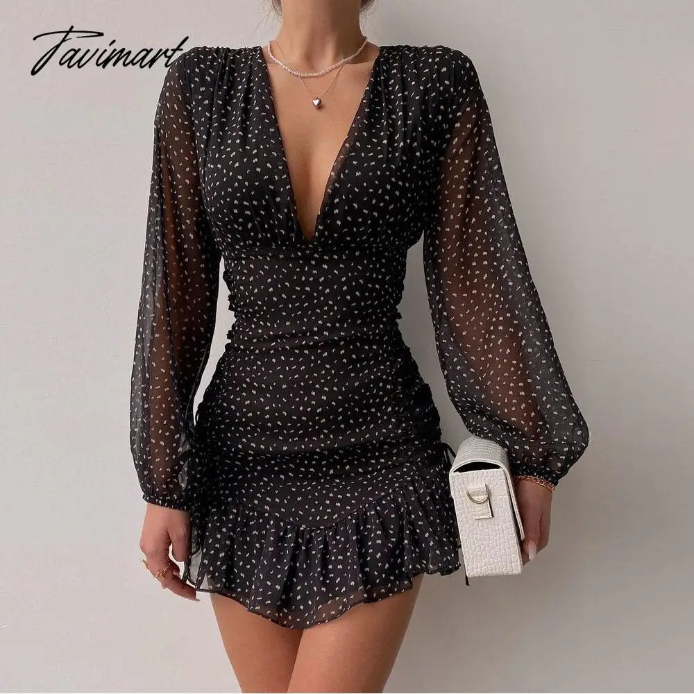 Chicme Fashion Women All Over Print Ruched Bodycon Dress Lantern Sleeve Ruffle Hem Dress Plunge V neck Long Sleeve Mini Dress