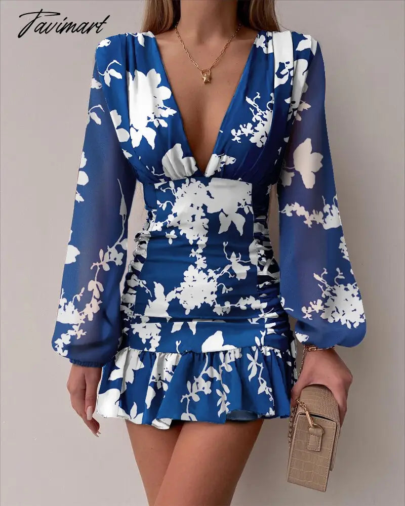 Chicme Fashion Women All Over Print Ruched Bodycon Dress Lantern Sleeve Ruffle Hem Dress Plunge V neck Long Sleeve Mini Dress