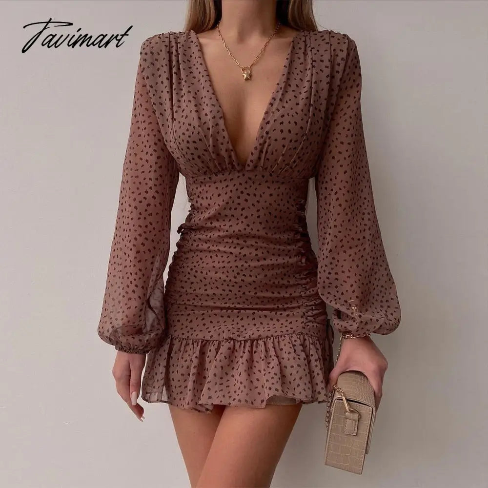 Chicme Fashion Women All Over Print Ruched Bodycon Dress Lantern Sleeve Ruffle Hem Dress Plunge V neck Long Sleeve Mini Dress