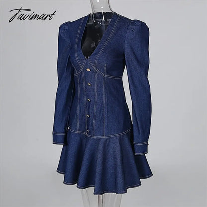 Chicme Spring Denim Dress Women Plunge Contrast Piping Puff Sleeve Dress Ruffles Long Sleeve Deep V Neck Flared Dress Casual