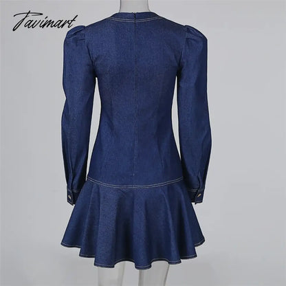 Chicme Spring Denim Dress Women Plunge Contrast Piping Puff Sleeve Dress Ruffles Long Sleeve Deep V Neck Flared Dress Casual