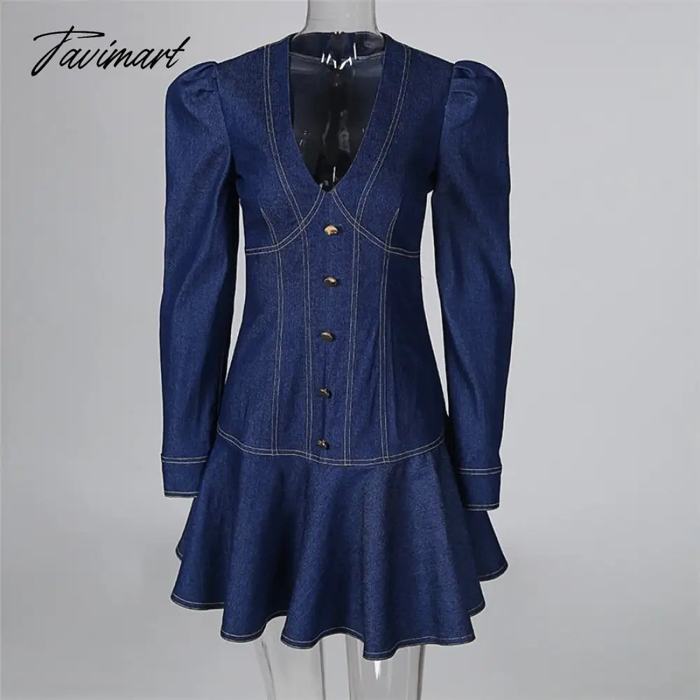 Chicme Spring Denim Dress Women Plunge Contrast Piping Puff Sleeve Dress Ruffles Long Sleeve Deep V Neck Flared Dress Casual