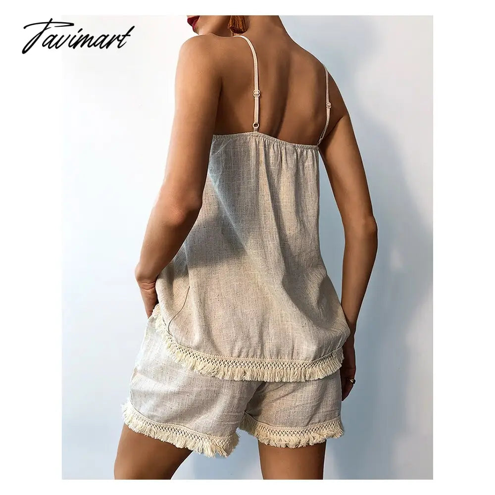 Chicme Summer Women Spaghetti Strap Tassel Design Top & Shorts Set Femme Sexy 2 Pieces Casual Street Wear Outfits Clothing