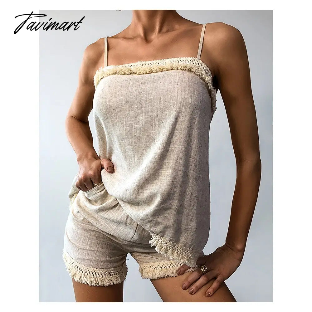 Chicme Summer Women Spaghetti Strap Tassel Design Top & Shorts Set Femme Sexy 2 Pieces Casual Street Wear Outfits Clothing