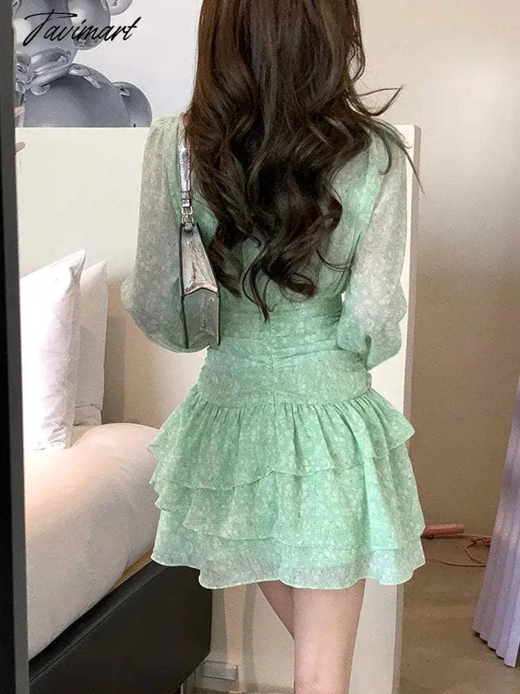 Chiffon Dress for Women Long Sleeve Streetwear Party Dress Slim Fit Sweet Floral Mini V Neck New Spring Summer Dress