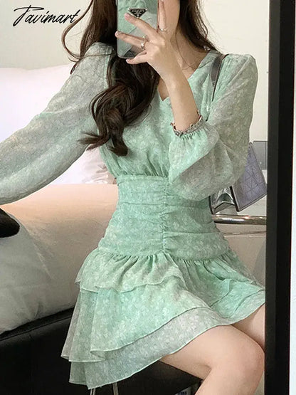 Chiffon Dress for Women Long Sleeve Streetwear Party Dress Slim Fit Sweet Floral Mini V Neck New Spring Summer Dress