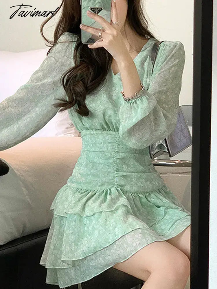 Chiffon Dress for Women Long Sleeve Streetwear Party Dress Slim Fit Sweet Floral Mini V Neck New Spring Summer Dress