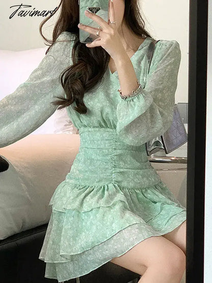 Chiffon Dress for Women Long Sleeve Streetwear Party Dress Slim Fit Sweet Floral Mini V Neck New Spring Summer Dress