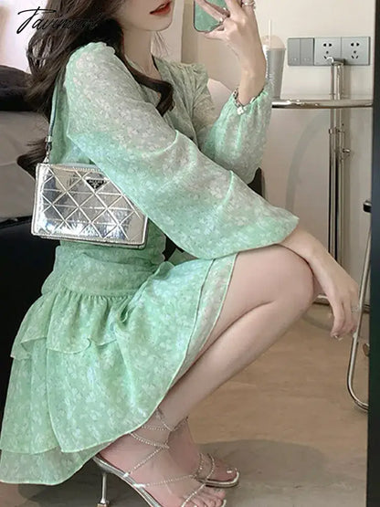 Chiffon Dress for Women Long Sleeve Streetwear Party Dress Slim Fit Sweet Floral Mini V Neck New Spring Summer Dress