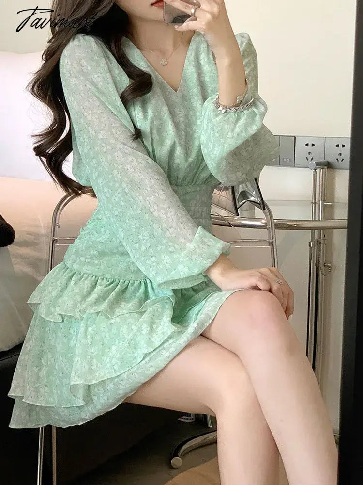 Chiffon Dress for Women Long Sleeve Streetwear Party Dress Slim Fit Sweet Floral Mini V Neck New Spring Summer Dress