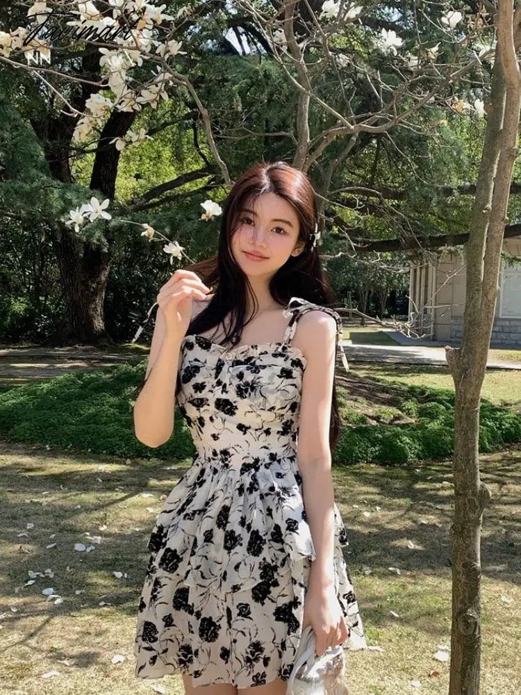 Chiffon Print France Vintage Dress Women Bandage Elegant Sweet Party Mini Dress Female Floral Korean Fashion Strap Dress Summer
