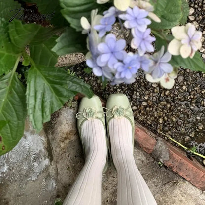 Classic Ballet Shoes Silk Ribbon Lace Up Ballet Shoes Women Square Toe Narcissus Flower Elegant Valentine Flats Pink Green