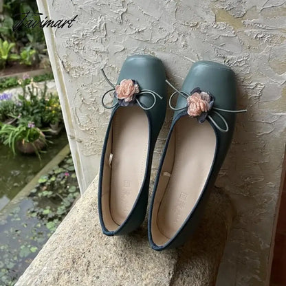 Classic Ballet Shoes Silk Ribbon Lace Up Ballet Shoes Women Square Toe Narcissus Flower Elegant Valentine Flats Pink Green