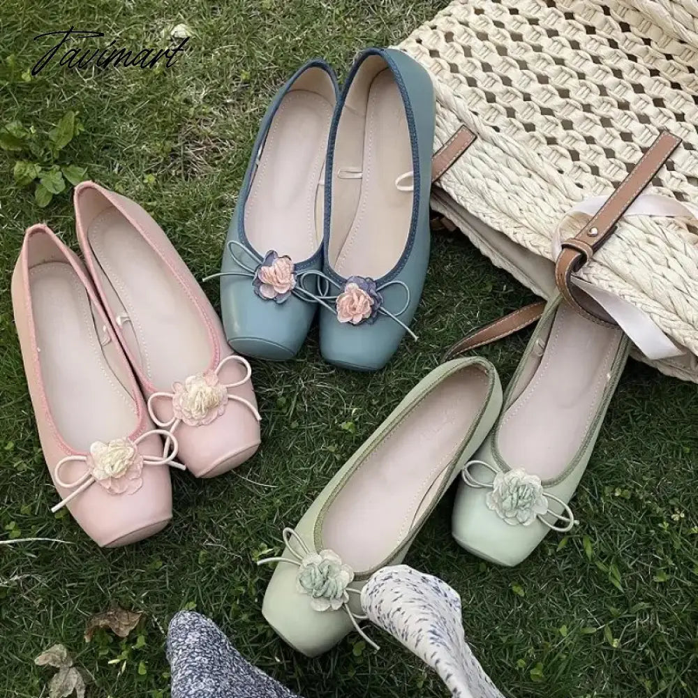 Classic Ballet Shoes Silk Ribbon Lace Up Ballet Shoes Women Square Toe Narcissus Flower Elegant Valentine Flats Pink Green