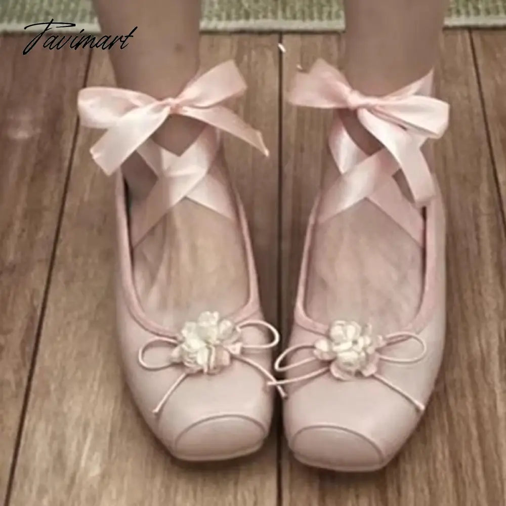 Classic Ballet Shoes Silk Ribbon Lace Up Ballet Shoes Women Square Toe Narcissus Flower Elegant Valentine Flats Pink Green
