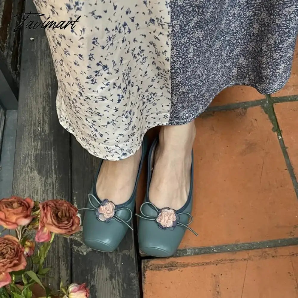 Classic Ballet Shoes Silk Ribbon Lace Up Ballet Shoes Women Square Toe Narcissus Flower Elegant Valentine Flats Pink Green