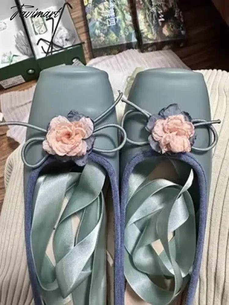Classic Ballet Shoes Silk Ribbon Lace Up Ballet Shoes Women Square Toe Narcissus Flower Elegant Valentine Flats Pink Green