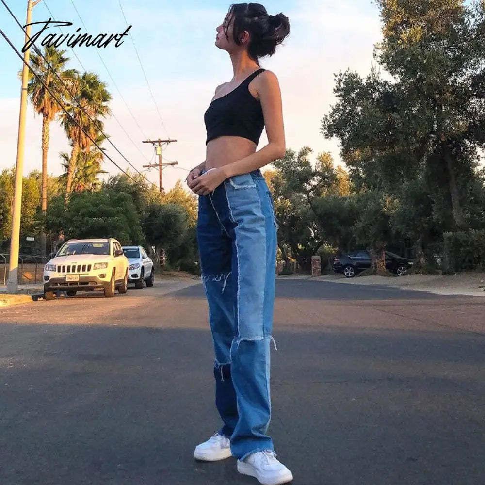 Color Block Mom Jeans Women 90s Denim Blue Frayed Hem High Waist Straight-leg Panel Jean e-Girl Y2K Aesthetic Clothes