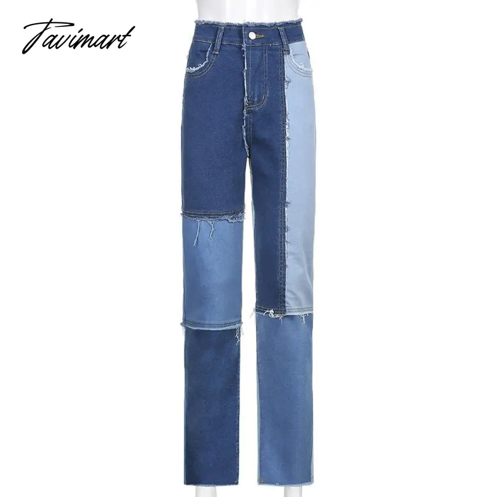 Color Block Mom Jeans Women 90s Denim Blue Frayed Hem High Waist Straight-leg Panel Jean e-Girl Y2K Aesthetic Clothes