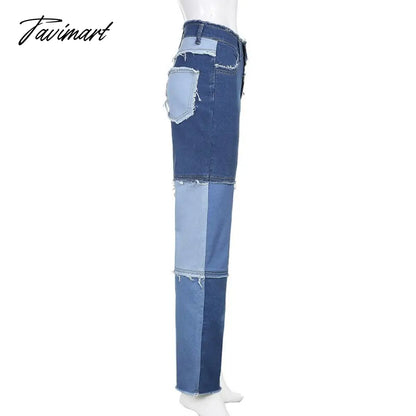 Color Block Mom Jeans Women 90s Denim Blue Frayed Hem High Waist Straight-leg Panel Jean e-Girl Y2K Aesthetic Clothes